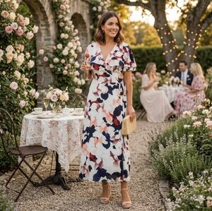 1. State XS Garden Party Wedding Guest Floral Ruffle Cascading Wrap Midi Dress